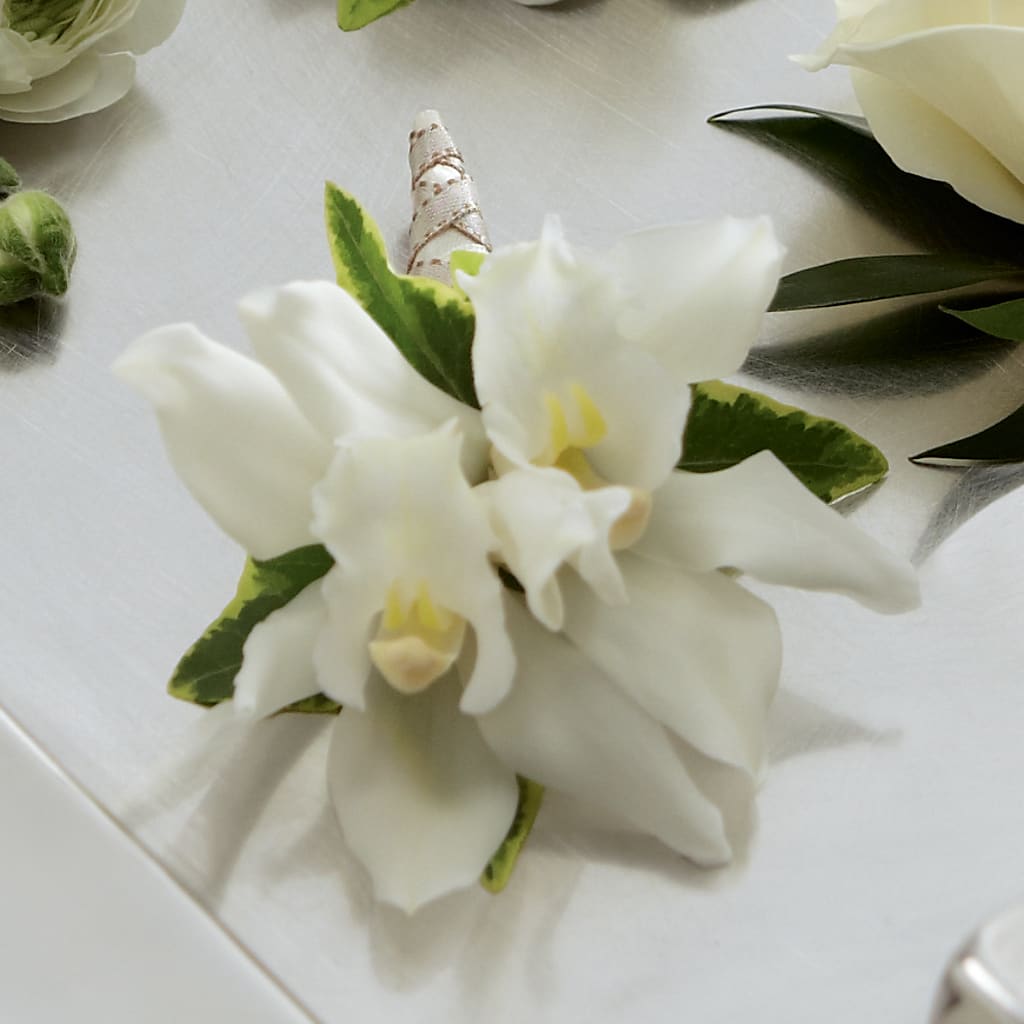 White Mini Cymbidium Boutonniere – The Stud Florist, Conyers GA